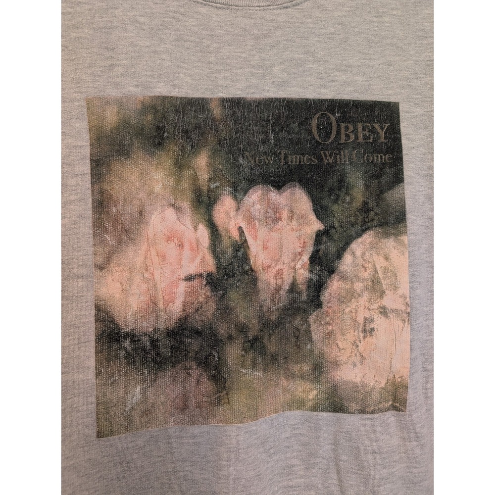 Obey Mens Large New Times Will Come Floral Art Sweatshirt Heather Grey Pullover - Picture 4 of 9